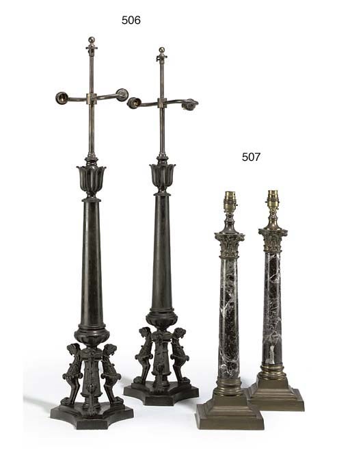 A PAIR OF GILT METAL AND BRECHE VIOLETE MARBLE TABLE LAMPS