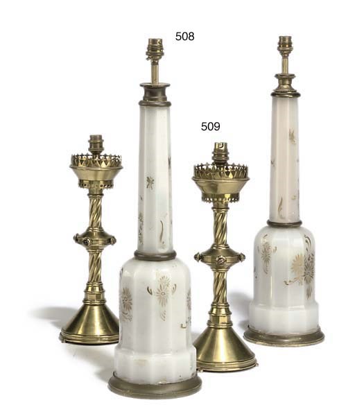 A PAIR OF PAINTED OPALINE TABLE LAMPS