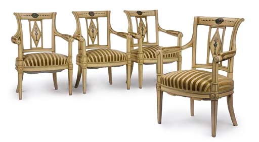 A SET OF FOUR POLYCHROME DECORATED FAUTEUILS