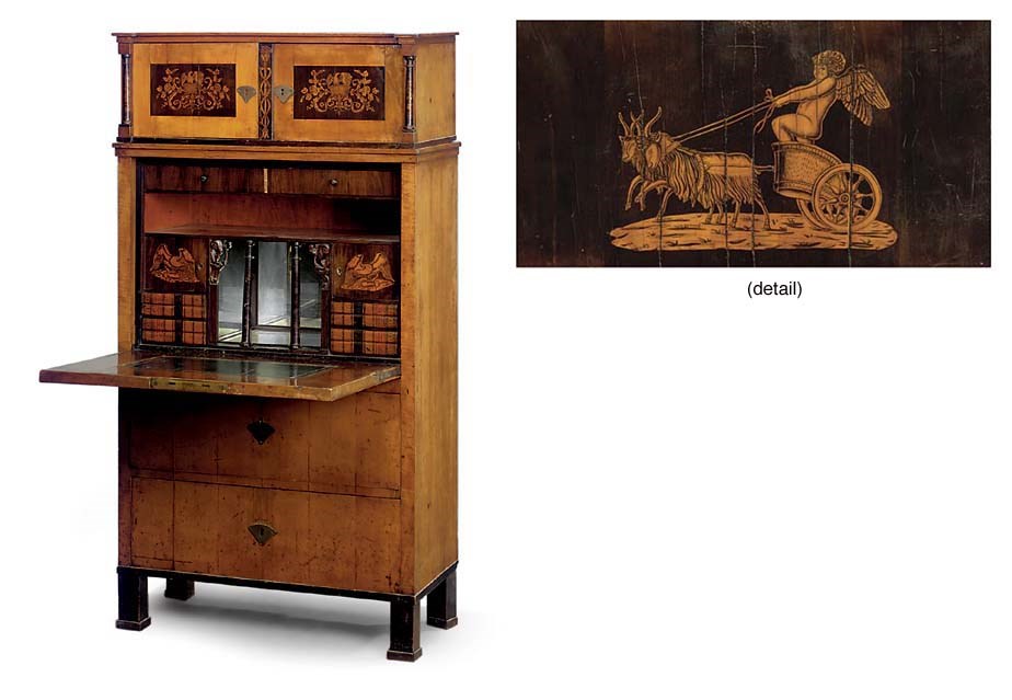A NORTH ITALIAN OR AUSTRIAN BIEDERMEIER FRUITWOOD AND PENWORK DECORATED SECRETAIRE