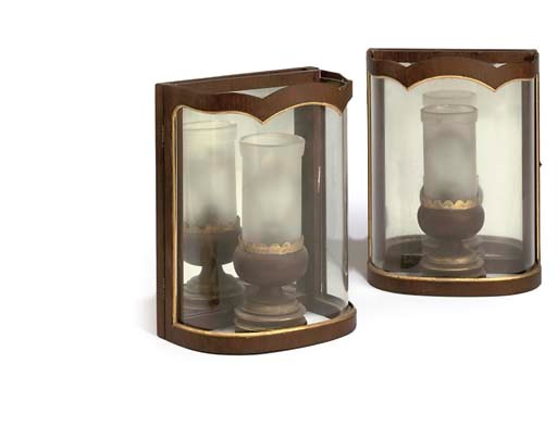 A PAIR OF GLAZED STAINED WOOD WALL LANTERNS