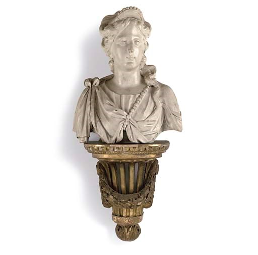 A CONTINENTAL PAINTED CARVED WOOD BUST OF A LADY