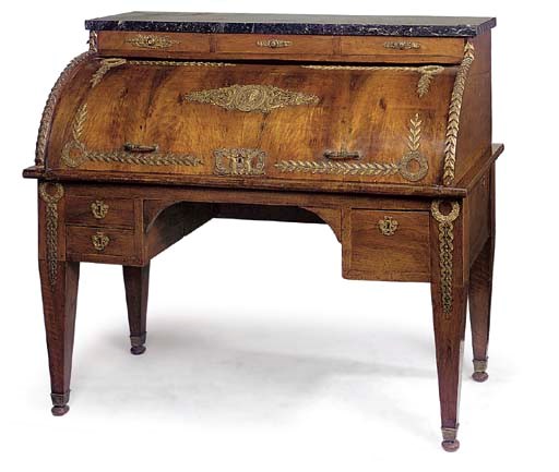 A LATE LOUIS XVI GILT METAL MOUNTED MAHOGANY BUREAU A CYLINDRE