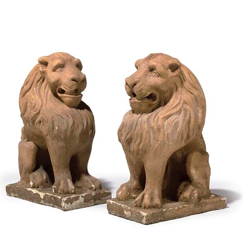 A PAIR OF PAINTED COMPOSITE STONE MODELS OF LIONS