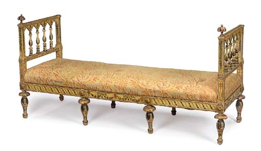 AN NORTH ITALIAN POLYCHROME DECORATED AND PARCEL GILT DAY BED