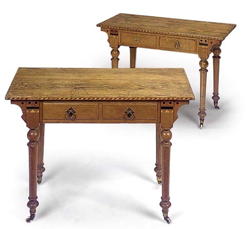 A PAIR OF VICTORIAN ASH AND MARQUETRY SIDE TABLES