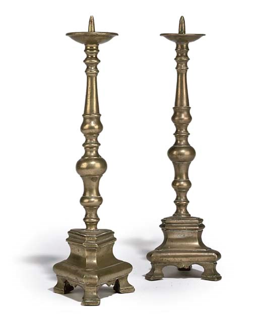 A PAIR OF FLEMISH BRASS PRICKET CANDLESTICKS