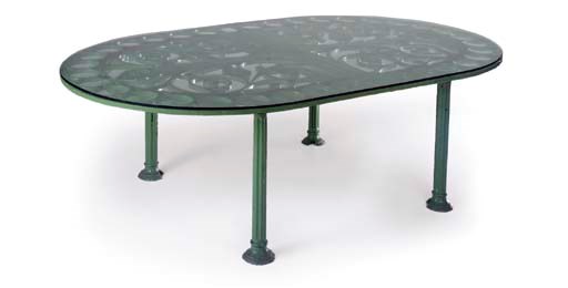 A GREEN PAINTED CAST IRON DINING TABLE