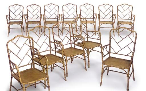 A SET OF TWELVE WROUGHT IRON SIMULATED BAMBOO ARMCHAIRS