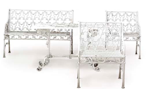 A GROUP OF PAINTED ALUMINIUM GARDEN FURNITURE
