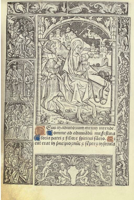 HORAE, use of Reims, in Latin and French -- Heures a lusaige de reims tout au long sans riens requerir. Paris: Guillaume Anabat [for Guillaume Godard], [n.d., almanac for 1500-1520].