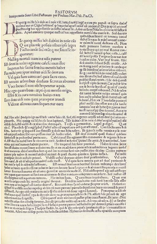 OVIDIUS NASO, Publius (43 BC-c.17AD). Fasti. Commentary by Paulus Mursus (1440-1484). Venice: T [roilus] Z [ani] P [resbyter, partner of Petrus de Quarengis], 27 Oct. 1492.