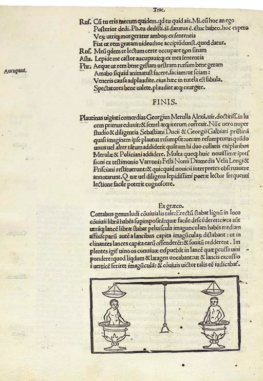 PLAUTUS, Titus Maccius (c. 250-c. 184 BC.). Comoediae. Edited by Sebastian Ducius and Georgius Galbiatus. Commentary by Hermolaus Barbarus, Georgius Merula, Angelus Politianus, Philippus Beroaldus. [Milan: Uldericus Scinzenzeler, c. 1495].