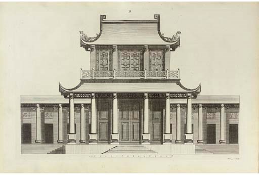 CHAMBERS, Sir William (1726-1796). Desseins des Edifices, Meubles, Habits, Machines, et Ustenciles des Chinois... auxquels est ajoutée une Description de leurs Temples, de leurs Maisons, de leurs Jardins. London: J. Haberkorn, for the Author, A. Millar and J. Nourse, 1757.