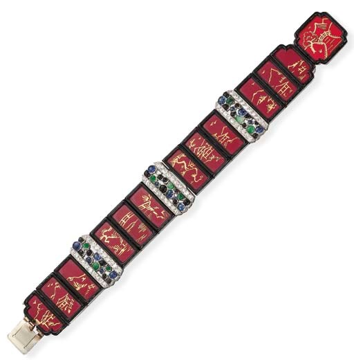 An Art Deco Red Lacquer, Black Enamel and Gem-Set Bracelet in the Oriental Style, by Boucheron