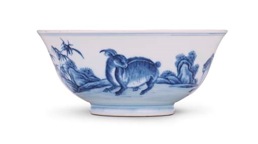 A RARE BLUE AND WHITE 'THREE RAMS' BOWL