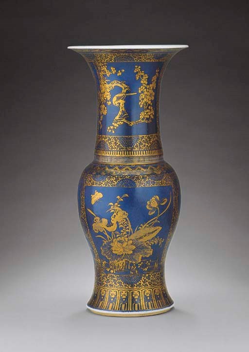A FINE AND RARE GILT-DECORATED POWDER-BLUE-GROUND YENYEN VASE