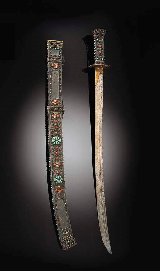 A HARDSTONE EMBELLISHED SWORD AND SCABBARD