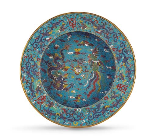 A LATE MING CLOISONNE ENAMEL 'DRAGON AND PHOENIX' BASIN