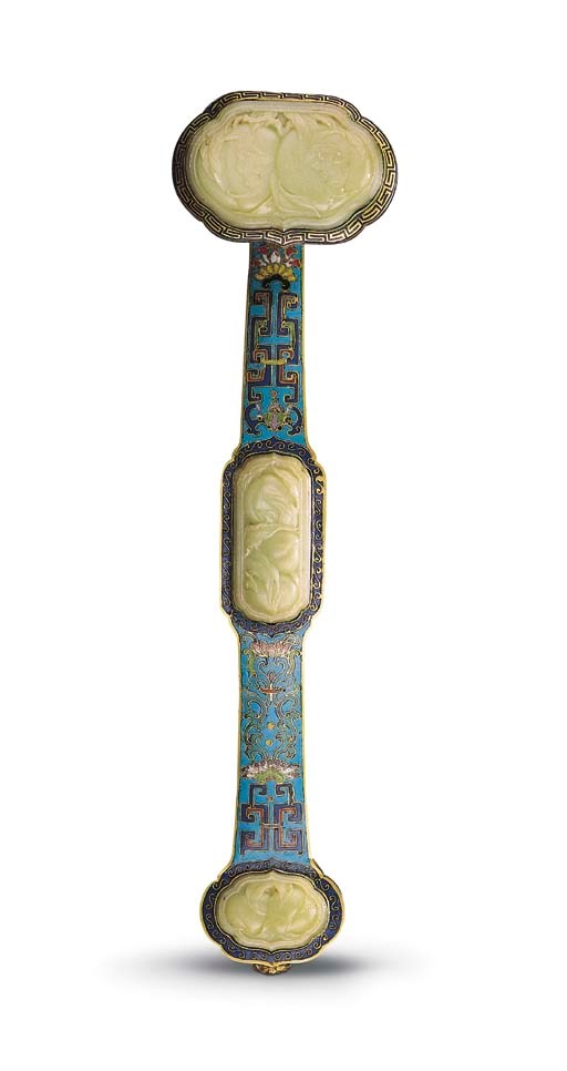 A RARE LARGE SOAPSTONE-EMBELLISHED CLOISONNE ENAMEL RUYI