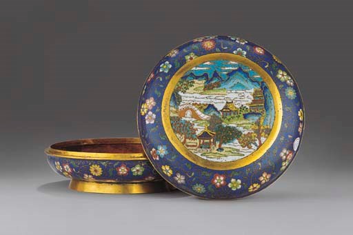 A CLOISONNE ENAMEL 'LANDSCAPE' BOX AND COVER