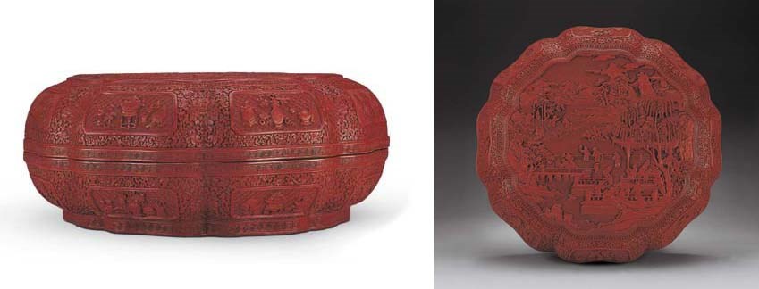 A VERY RARE LARGE CINNABAR LACQUER 'HUNDRED' BOYS FLORAL-SHAPED BOX AND COVER