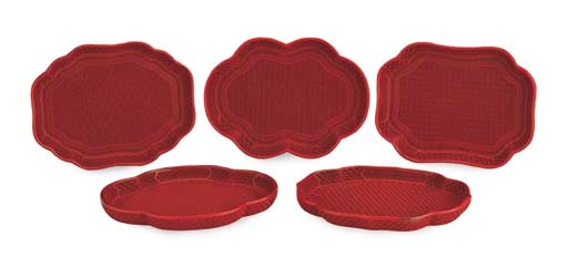 FIVE CINNABAR LACQUER TRAYS