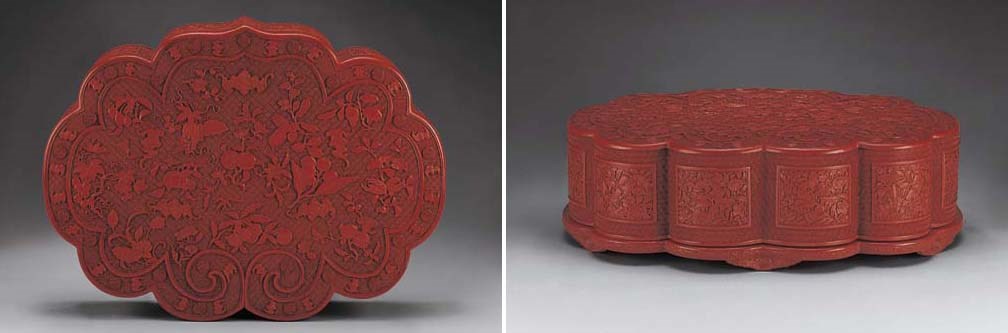 A VERY RARE LARGE CARVED CINNABAR LACQUER BOX AND COVER