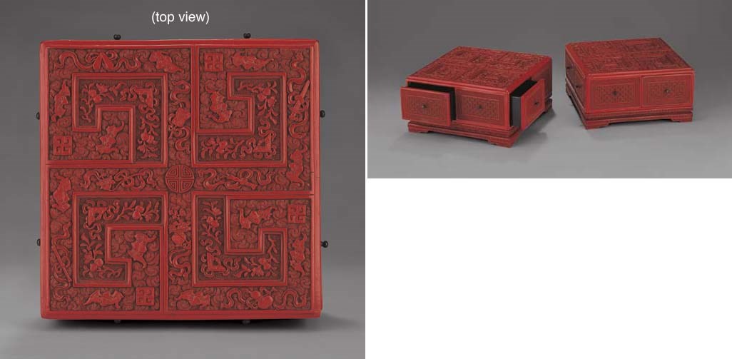 A RARE PAIR OF IMPERIAL CARVED CINNABAR LACQUER TREASURE BOXES AND STANDS