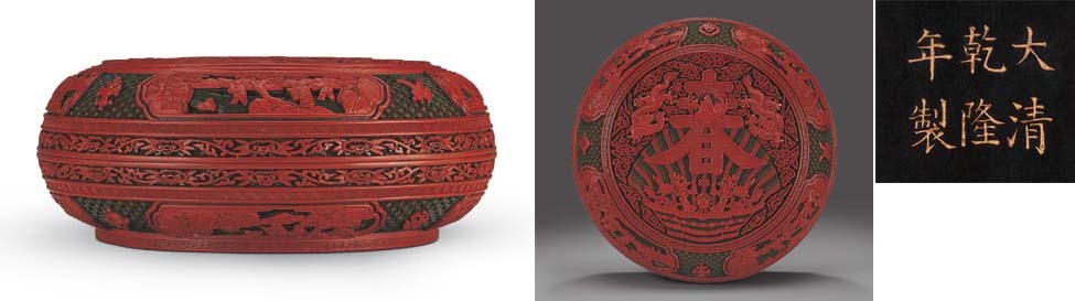 A CARVED THREE-COLOUR LACQUER CIRCULAR BOX AND COVER