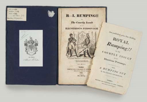 CRUIKSHANK, George. Collection of 10 political pamphlets. V.p., v.d. All in original stitched self wrappers; housed in a quarter morocco slipcase.  [Including:] A Groan from the Throne. London, 1820. Provenance: Albert M. Cohn (bookplate). Cohn 372. -- The Constitutional Apple Pie. London, 1820. Cohn 158. -- The Green Bag: "A Dainty Dish to set before the King." London, 1820. Cohn 366. - The Men in the Moon. London, 1820. Cohn 550. -- The political "A, Apple-Pie;" London, 1820. Cohn 659. --  A political Christmas Carol. London, 1820. Cohn 665. -- The Right divine of Kings to Govern Wrong. London, 1821. Cohn 695. -- R---L Rumpling!! Or, the Courtly Insult to an Illustrious Personange. London, 1821. Provenance: Albert M. Cohn (bookplate). Cohn 717.  [With:] Just published Royal Rumpling advertisment -- The political Alphabet. London, n.d. Sixth Edition. See Cohn 660. -- The political Showman-at Home. London, 1821. 14th Edition. See Cohn 668. 	 (10)