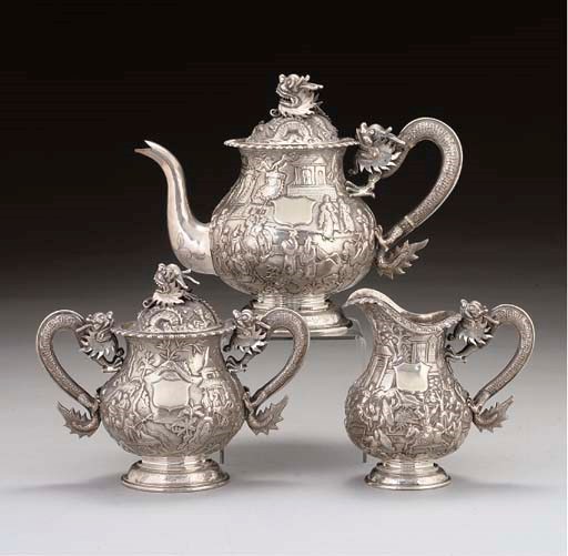 A 19TH CENTURY CHINESE EXPORT SILVER 3-PIECE TEASET,