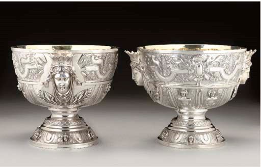A PAIR OF 20TH CENTURY CONTINENTAL METALWARE PUNCH BOWLS,