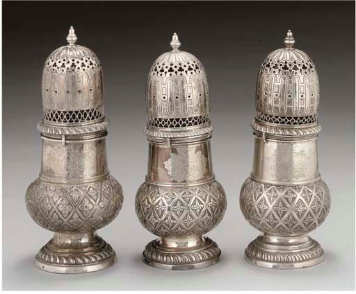 THREE SIMILAR LARGE LATE 19TH CENTURY DUTCH SILVER CASTERS,