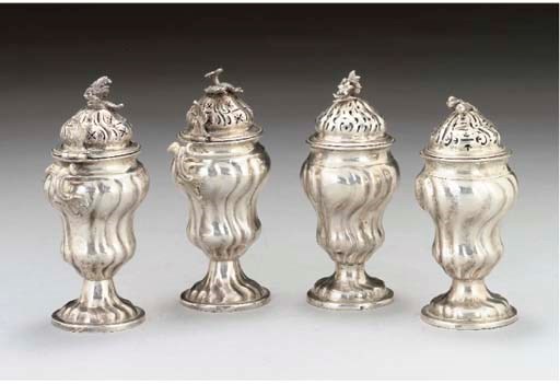TWO PAIRS OF 18TH CENTURY GERMAN SILVER CASTERS,