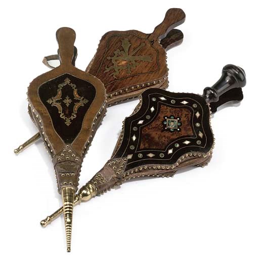 THREE VICTORIAN ROSEWOOD AMBOYNA BIRD'S EYE MAPLE EBONISED AND BRASS INLAID BELLOWS