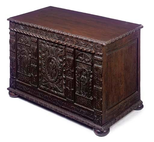 A FLEMISH CARVED OAK CHEST
