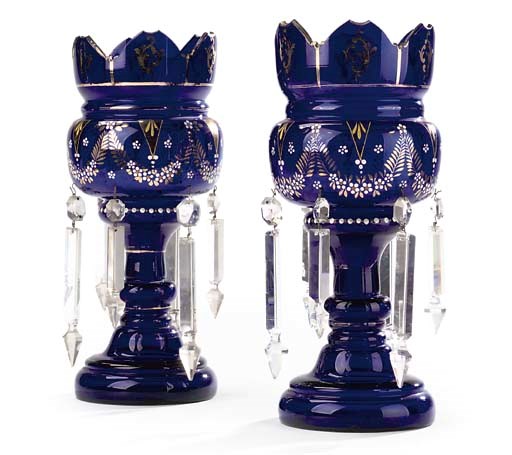 A PAIR OF BLUE GLASS BOHEMIAN LUSTRES