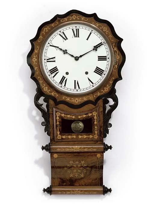 AN AMERICAN WALNUT AND FRUITWOOD MARQUETRY STRIKING WALL CLOCK