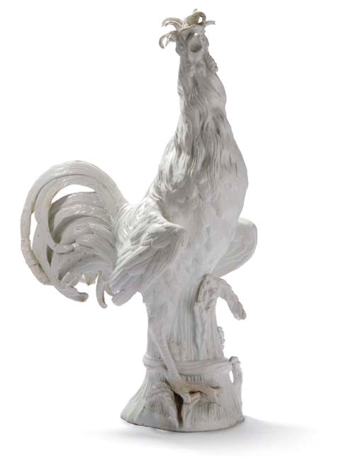 GRAND COQ DE PADOUE EN PORCELAINE BLANCHE DE LA FIN DU XIXEME SIECLE, PROBABLEMENT CAPODIMONTE
