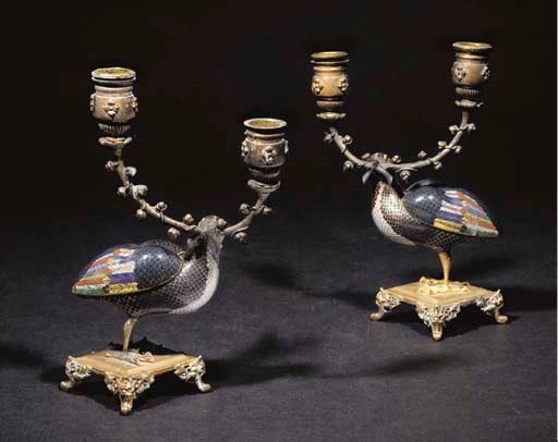 PAIRE DE CAILLES EN BRONZE DORE ET EMAUX CLOISONNES FORMANT BOUGEOIRS