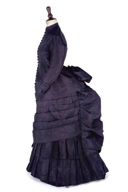 A NAVY BLUE SILK TWO-PIECE GOWN, 1870S