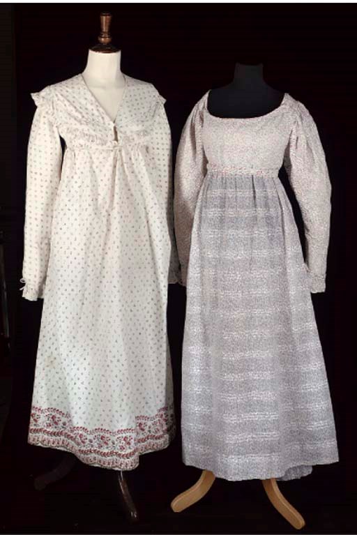 TWO PRINTED COTTON DRESSES, EARLY 19TH CENTURY