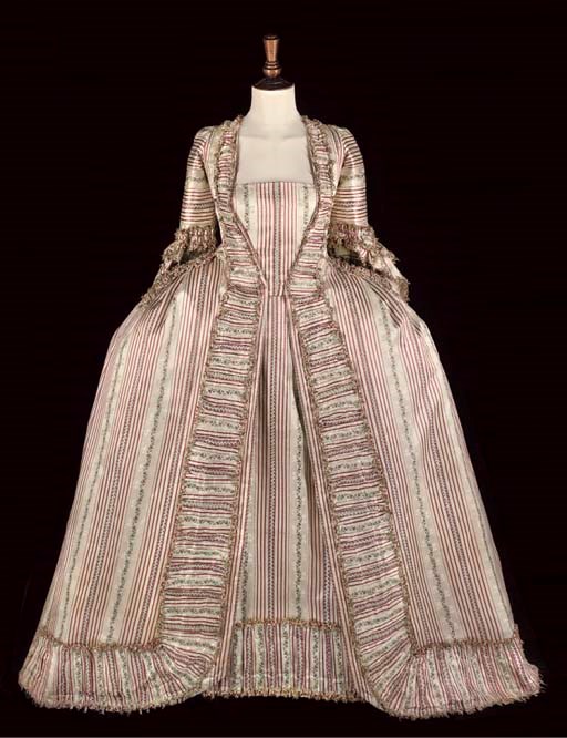 A STRIPED SILK SATIN OPEN ROBE AND PETTICOAT, 1770S