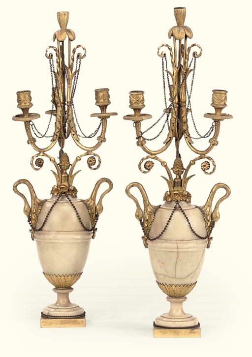 A PAIR OF RESTAURATION ORMOLU-MOUNTED ALABASTER CANDELABRA