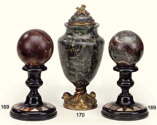 AN ITALIAN IRRIDESCENT GILT-BRONZE GREY-VARIGATED MARBLE URN AND COVER