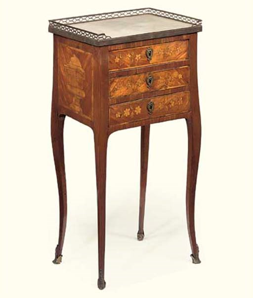 A LOUIS XV/XVI TRANSITIONAL KINGWOOD, TULIPWOOD AND FLORAL MARQUETRY TABLE EN CHIFFONIERE