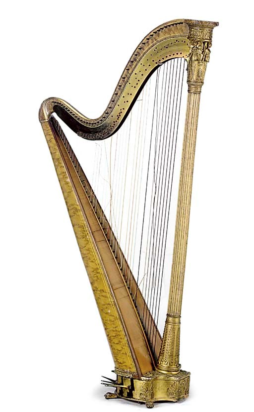 A GEORGE III SIMULATED BIRD'S-EYE MAPLE AND GILT-COMPOSITION PEDAL HARP