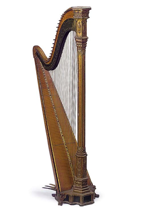 A BIRDS-EYE MAPLE AND GILT COMPOSITION PEDAL HARP