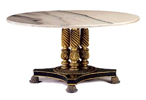 A VARIEGATED WHITE MARBLE GILTWOOD AND EBONISED CIRCULAR CENTRE TABLE